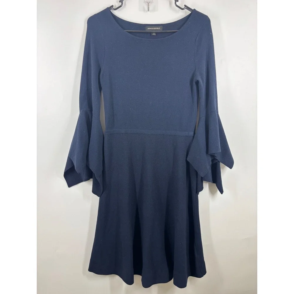 Banana Republic Navy Blue Tiered Bell Sleeve Fit and Flare Sweater Dress XS